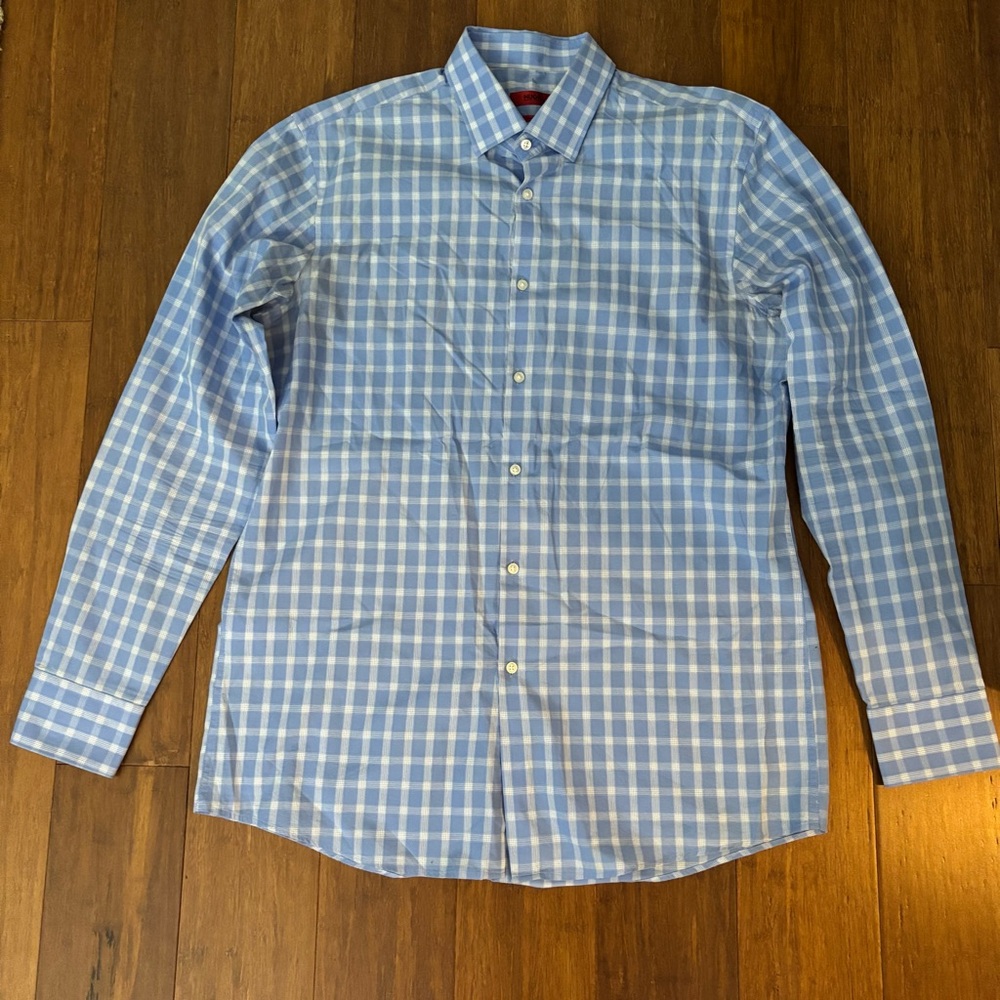 HUGO Boss Men’s Light Blue White Gingham Plaid Button Down Shirt 16 34/35 Slim